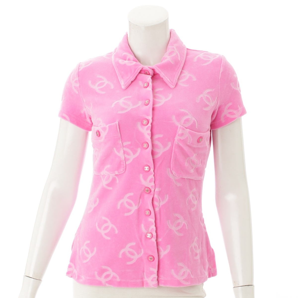 シャネル(Chanel) ベロア コットン ココマーク 半袖 シャツ ピンク 40