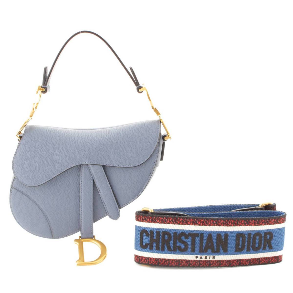 クリスチャン ディオール(Christian Dior) SADDLE 全面刺繍ストラップ付 サドルバッグ ショルダーバッグ ブルー