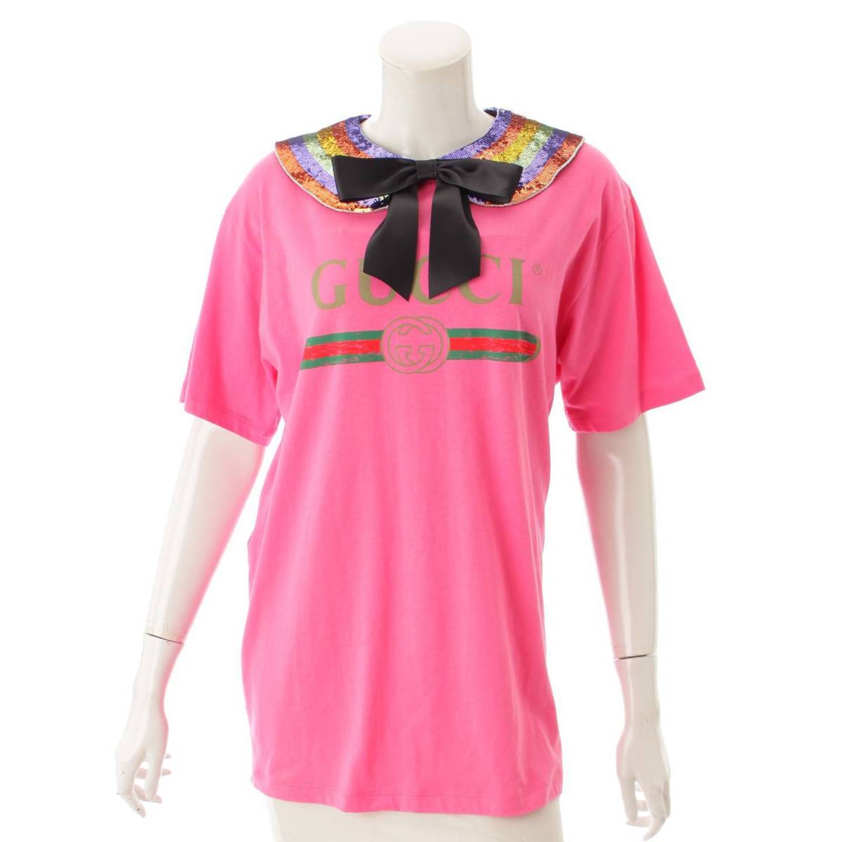 グッチ(Gucci) オールドロゴ スパンコール襟付き Tシャツ 469307 ピンク S