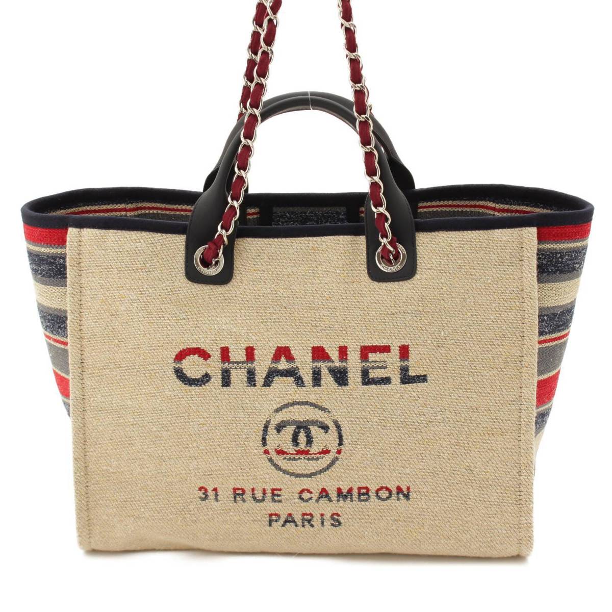 シャネル(Chanel) ドーヴィル ボーダー チェーン トートバッグ 26番台 マルチカラー