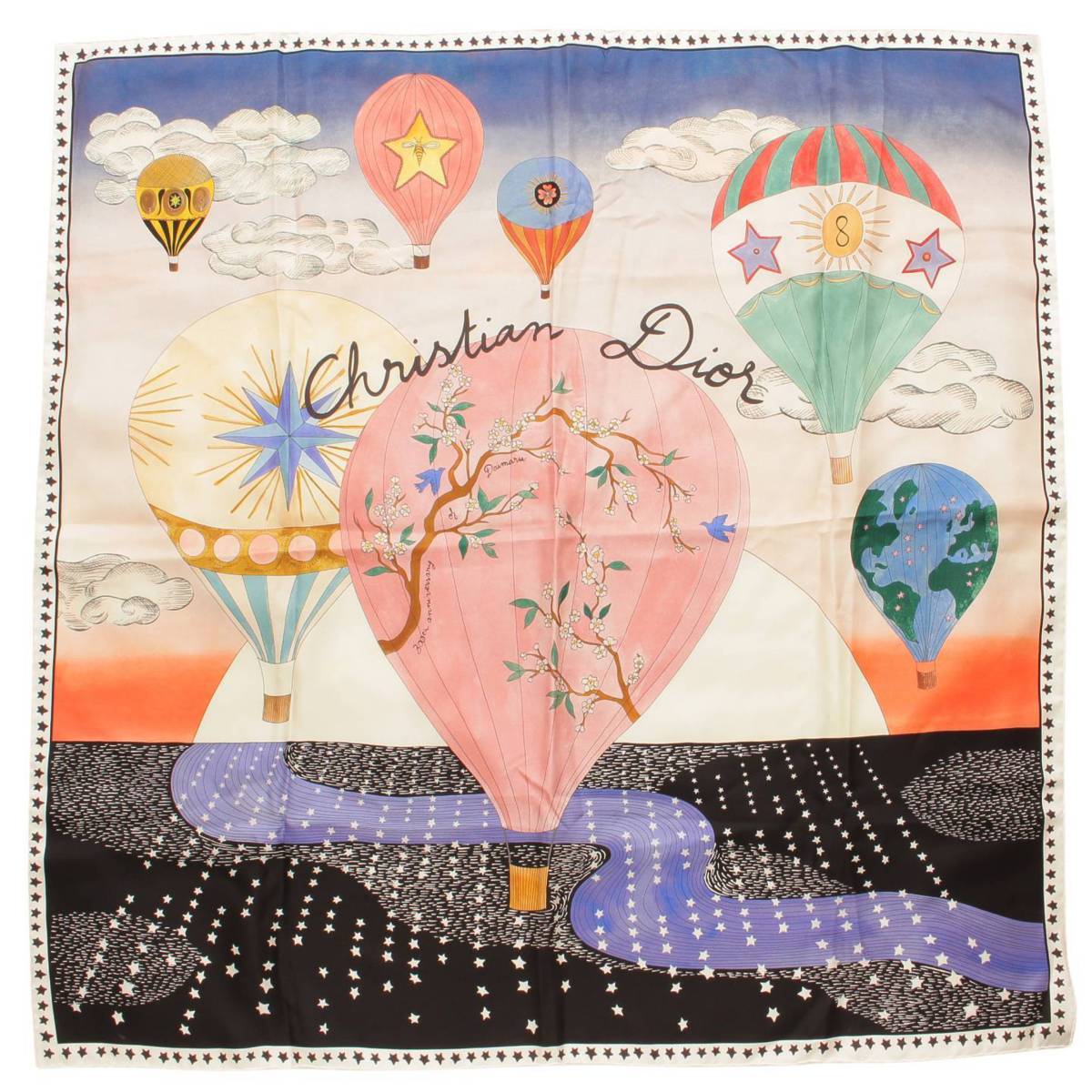 クリスチャン ディオール(Christian Dior) スカーフ ストール シルク 気球 ブラック ピンク
