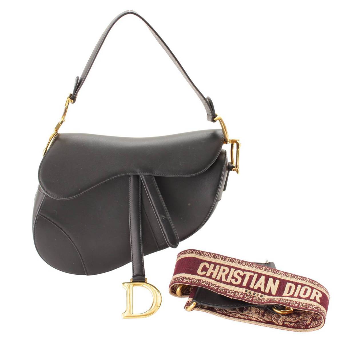クリスチャン ディオール(Christian Dior) サドル ロゴストラップ付 レザー ショルダーバッグ ブラック