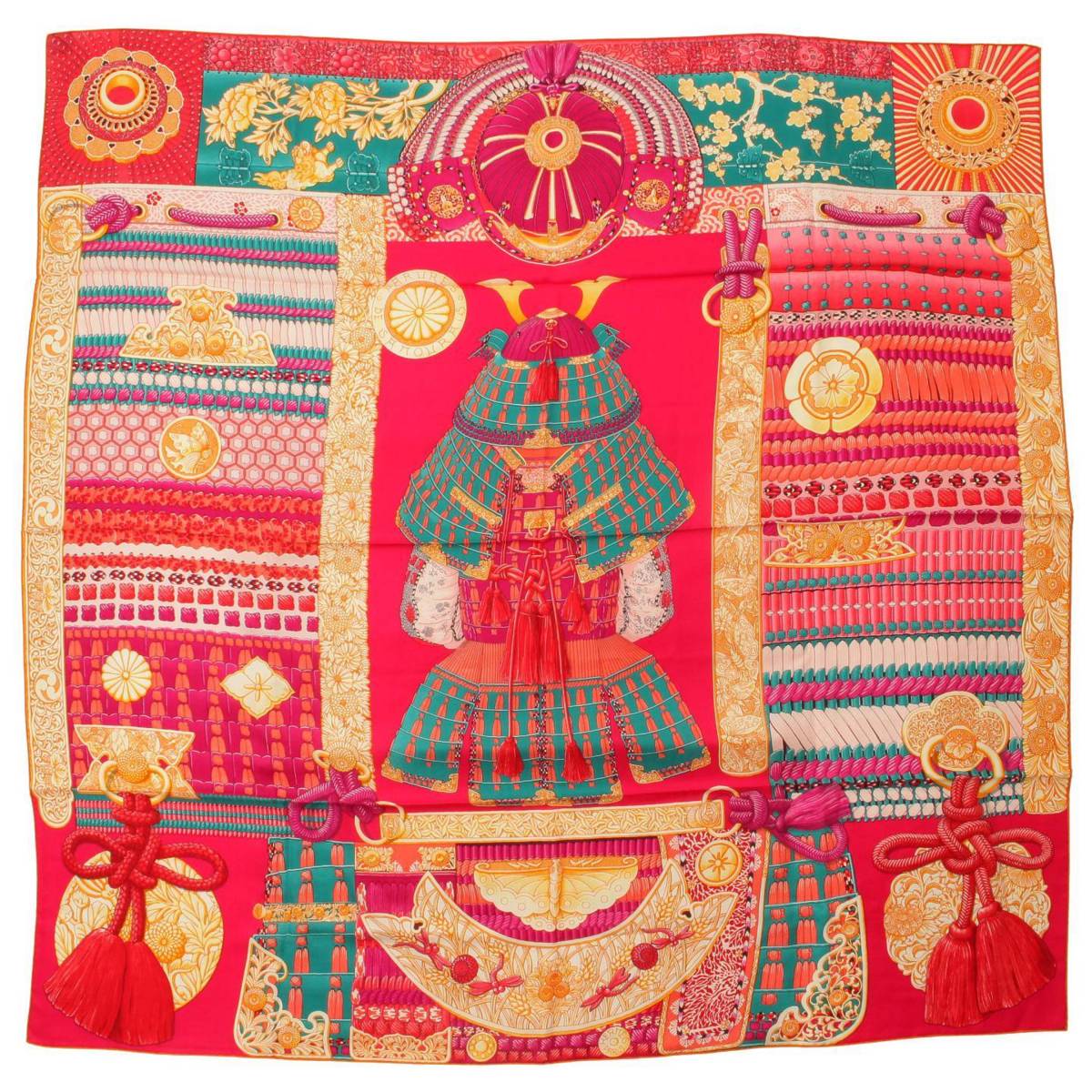 エルメス(Hermes) カレ140 カシミヤ シルク ストール スカーフ Parures de Samourais 侍の鎧兜 和柄 ピンク オレンジ  グリーン