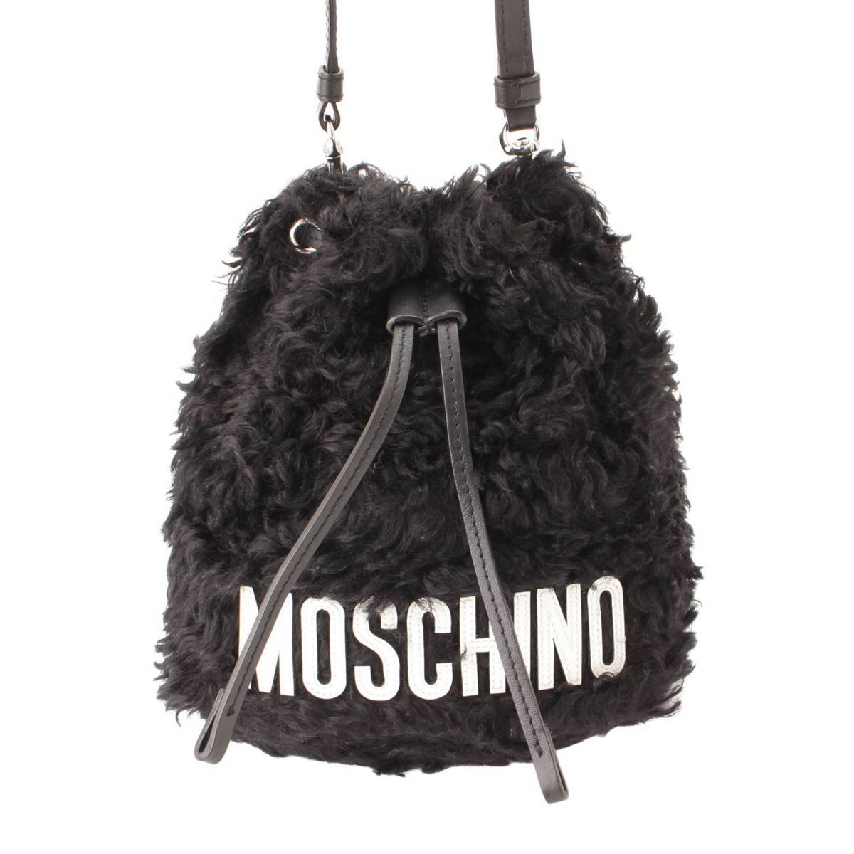 モスキーノ(Moschino) ロゴ ファー ドローストリング ショルダーバッグ 巾着 ブラック