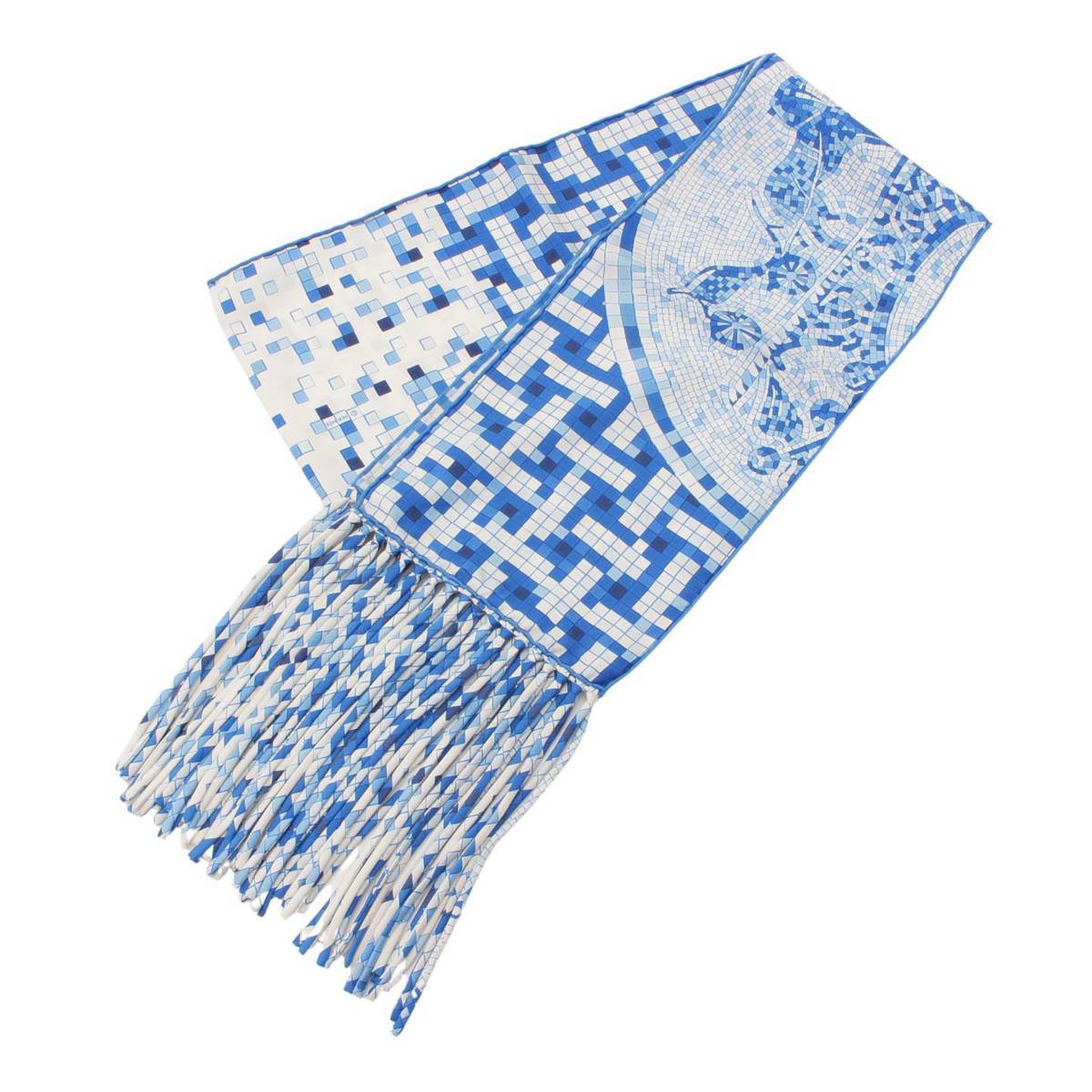 エルメス(Hermes) Mosaique au 24 シルクスカーフ フリンジ タッセル ロングストール ブルー×ホワイト