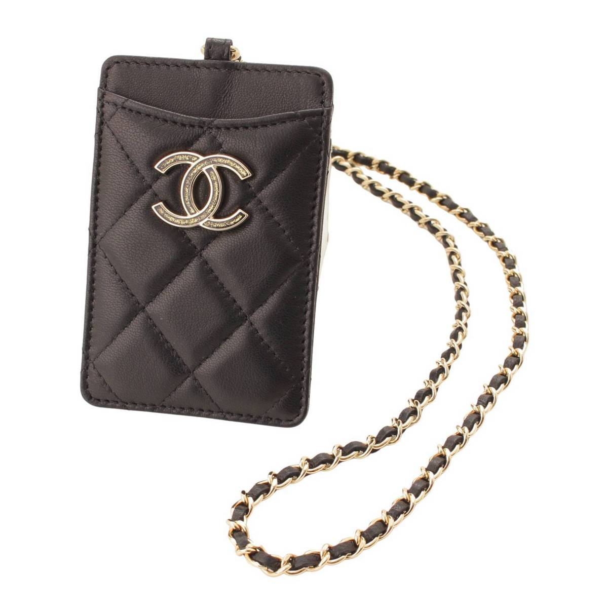 シャネル(Chanel) ココマーク マトラッセ ラムスキン チェーン カードケース IDホルダー パス ブラック