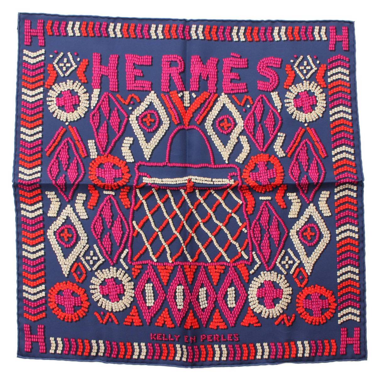 エルメス(Hermes) カレ45 シルクスカーフ KELLY EN PERLES 真珠でできているケリー ネイビー
