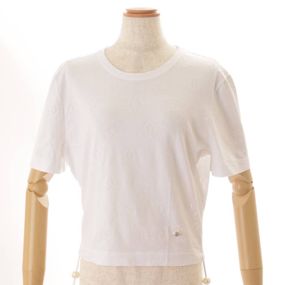 シャネル(Chanel) 22S ココマーク パール クロップド Tシャツ トップス P72733 ホワイト M
