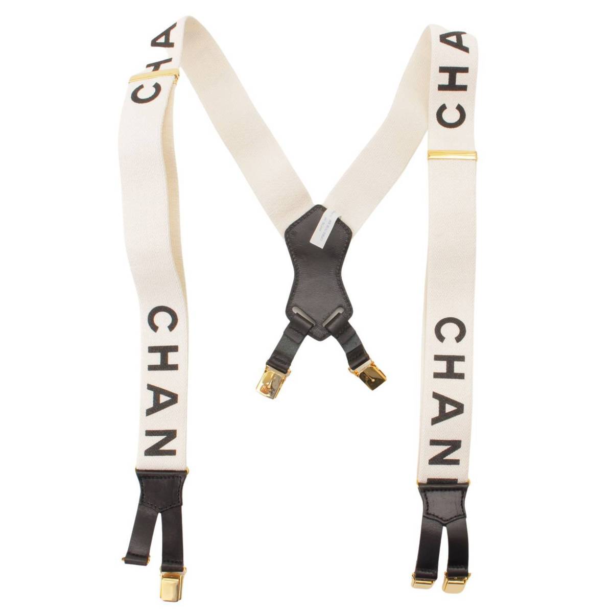 シャネル(Chanel) ココマーク ロゴ サスペンダー キャンバス×レザー ホワイト