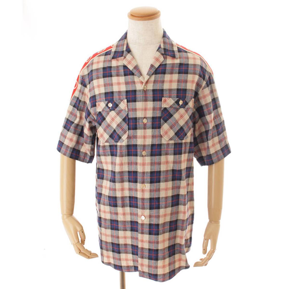 グッチ(Gucci) メンズ 20年 TAPED LOGO チェック柄 ボーリングシャツ 半袖シャツ 619025 マルチ 44