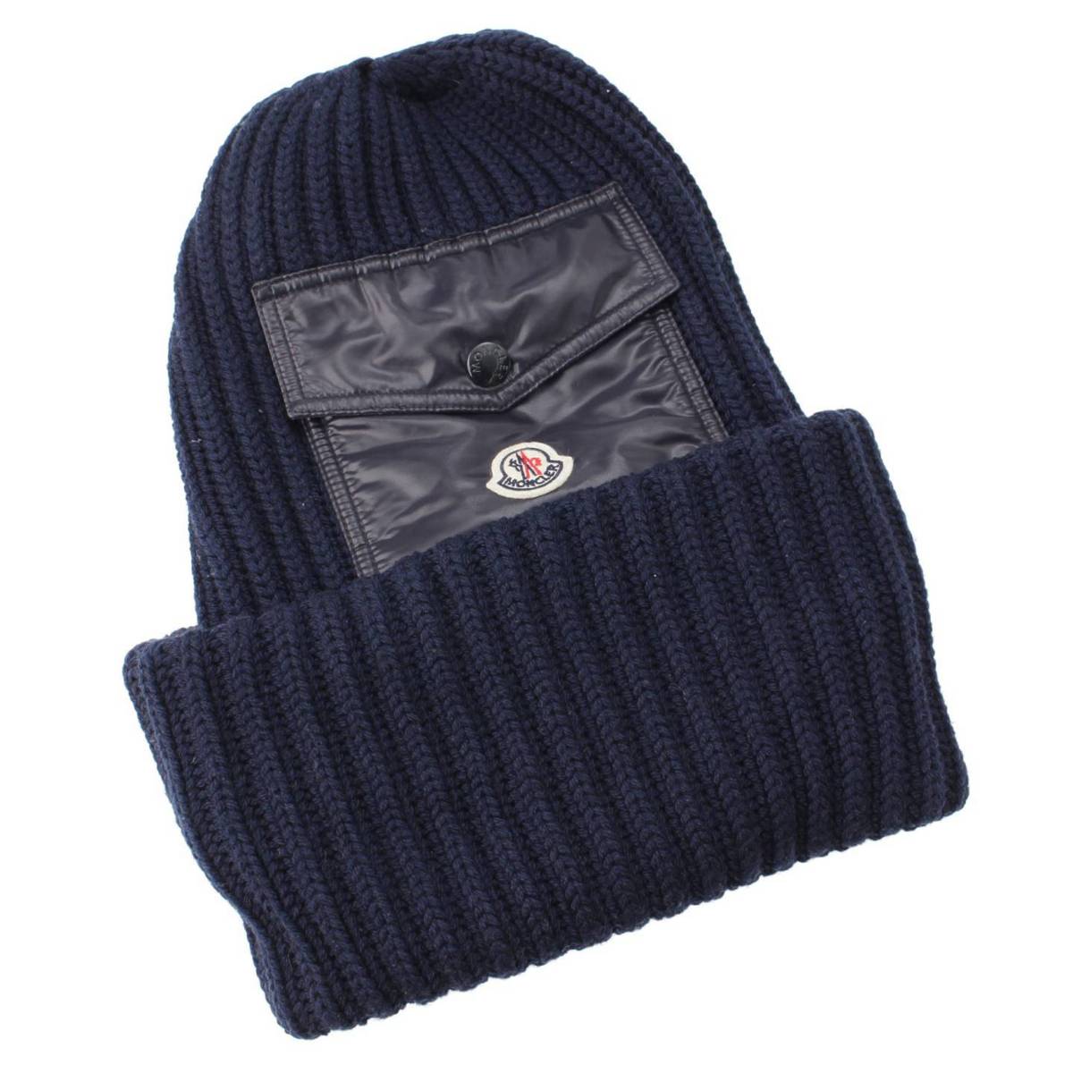 モンクレール(Moncler) ロゴ ポケット付き ニット帽 ニットキャップ 帽子 ネイビー