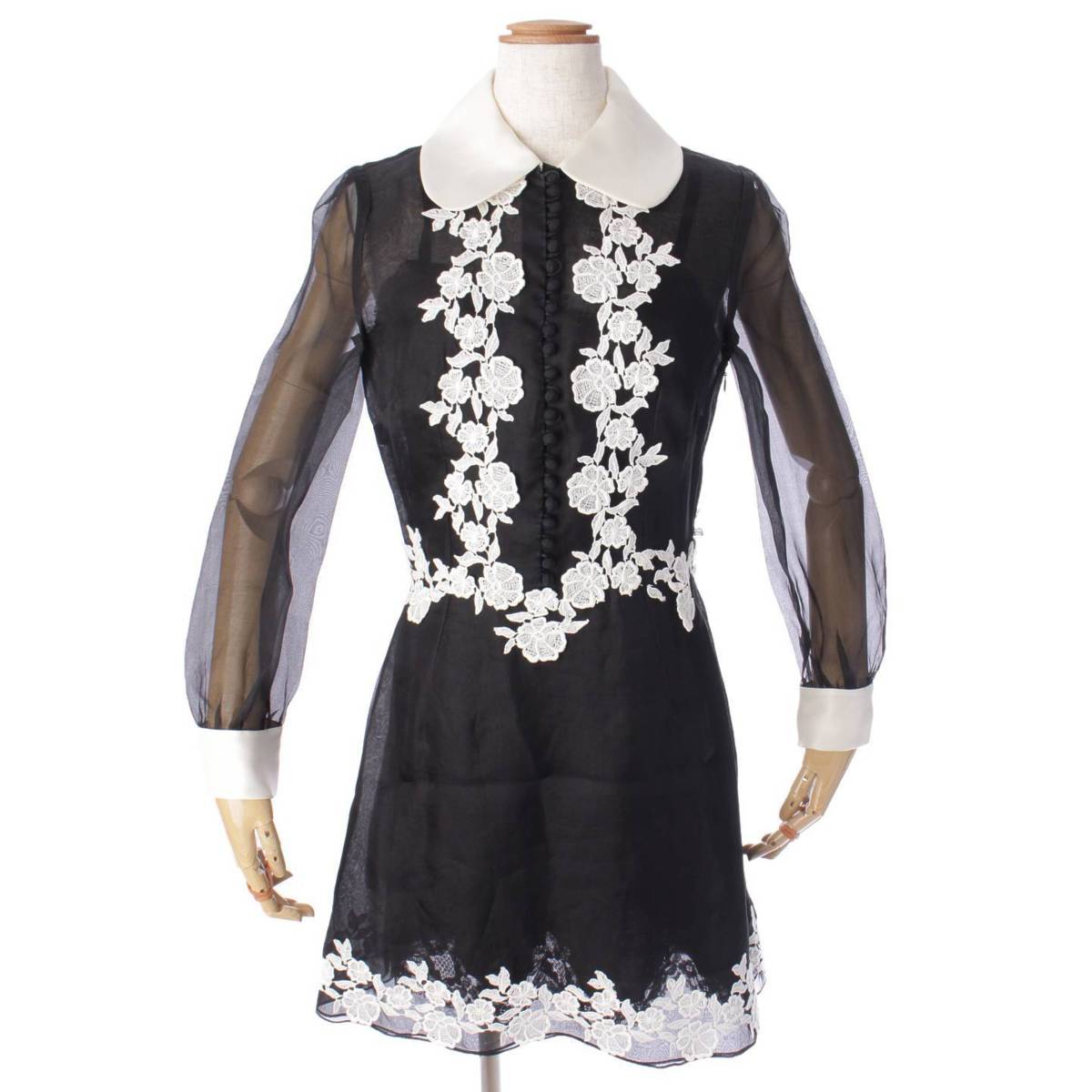 ドルチェ&ガッバーナ(Dolce&Gabbana) 花柄 フラワー レース シルク×コットン ワンピース ドレス ブラック×ホワイト 38