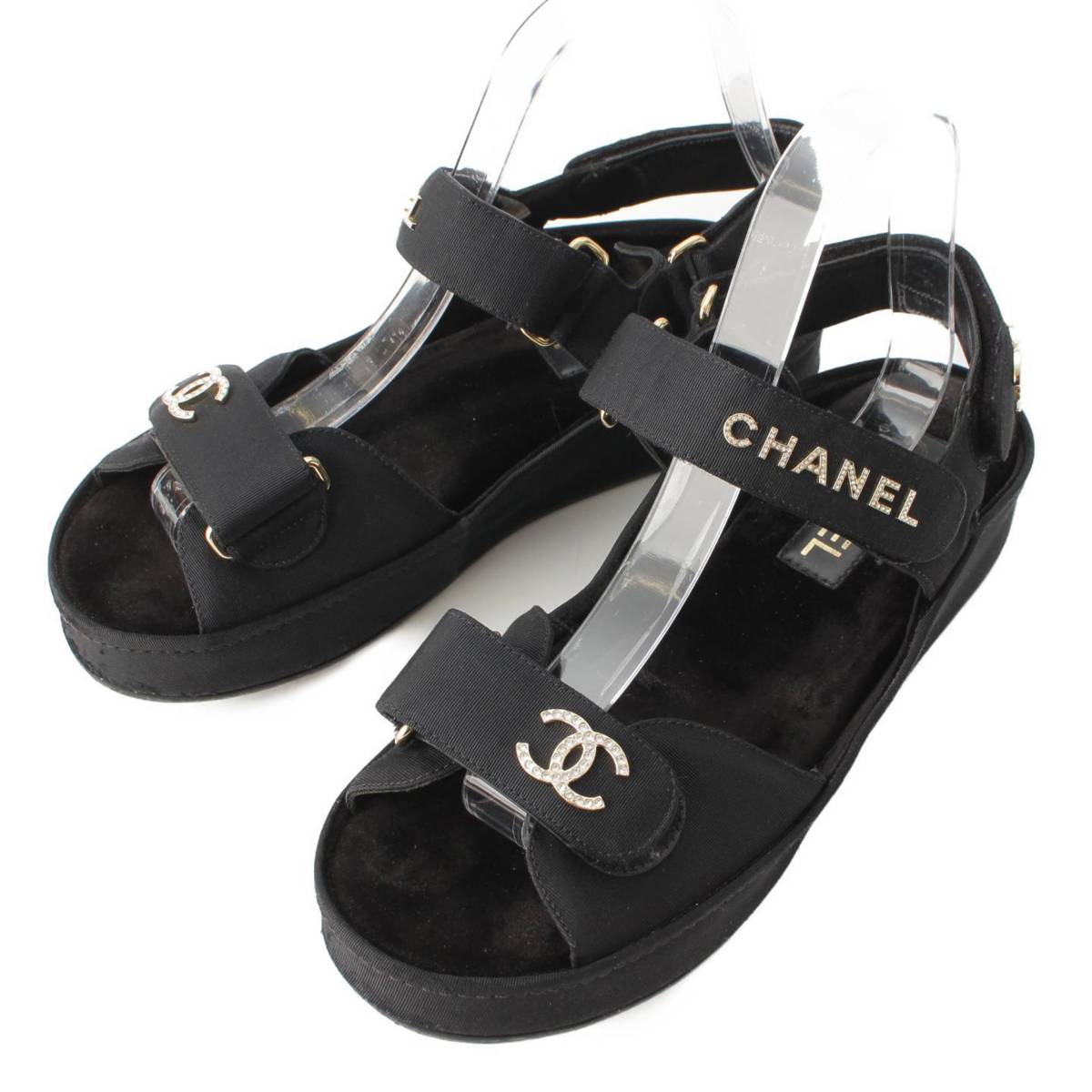 シャネル(Chanel) 21B グログラン ココマーク ロゴ ビジュー サンダル G37456 ブラック 38
