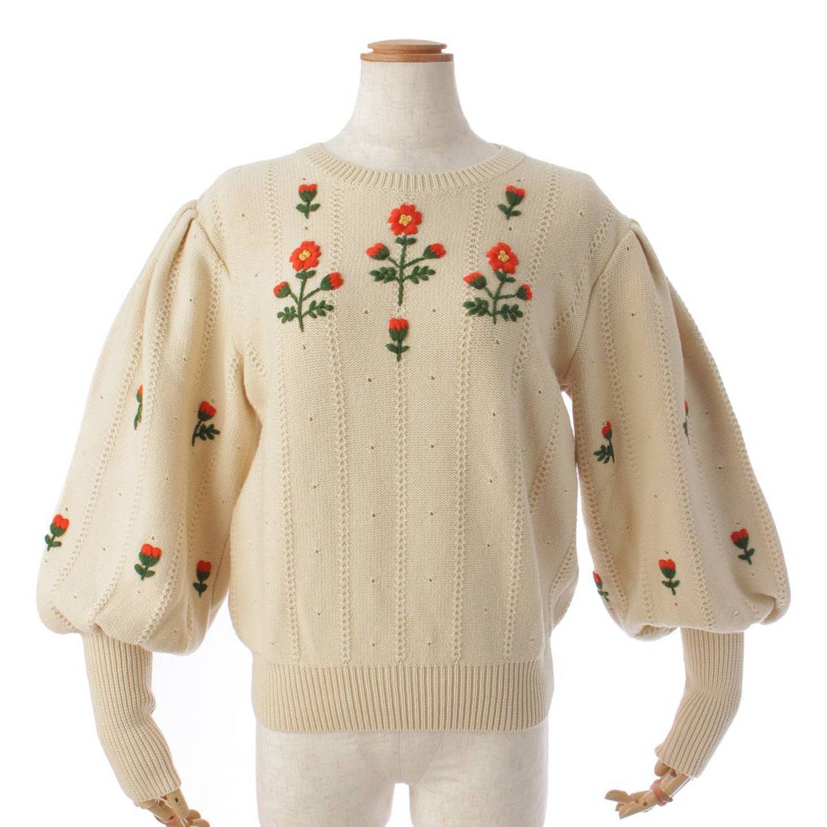 グッチ(Gucci) フローラル 刺繍 ウール×コットン プルオーバー ニット セーター ベージュ XS