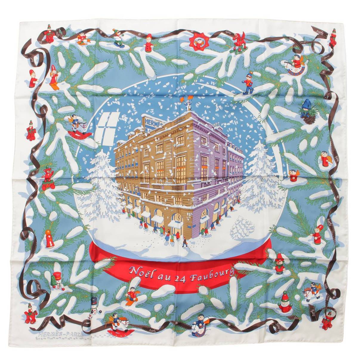 エルメス(Hermes) カレ90 シルクスカーフ Noel au 24 Faubourg フォーブル24番地のクリスマス ホワイト