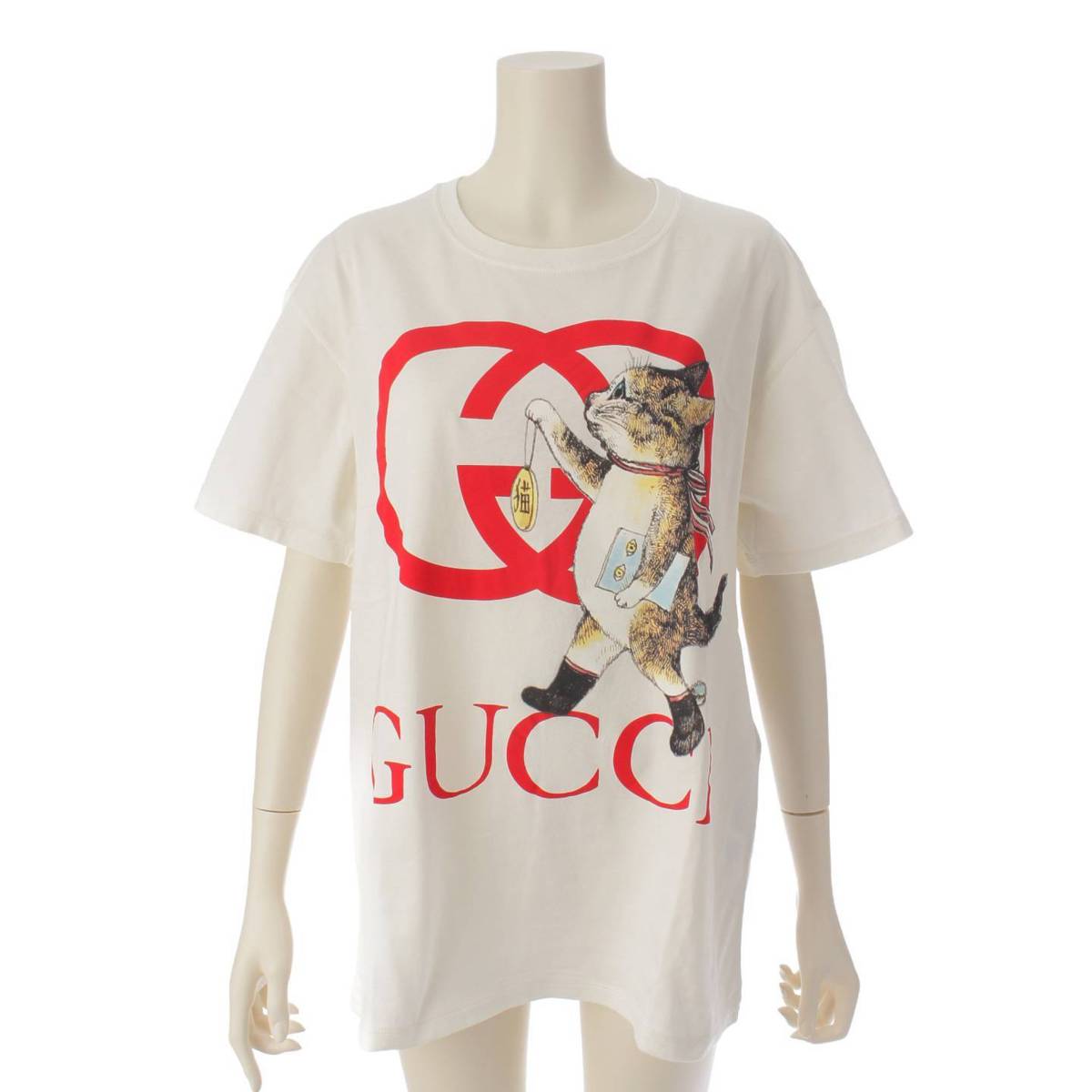 グッチ Gucci Higuchi Yoko ロゴ キャット プリント 半袖 Tシャツ 615044 ホワイト×レッド S