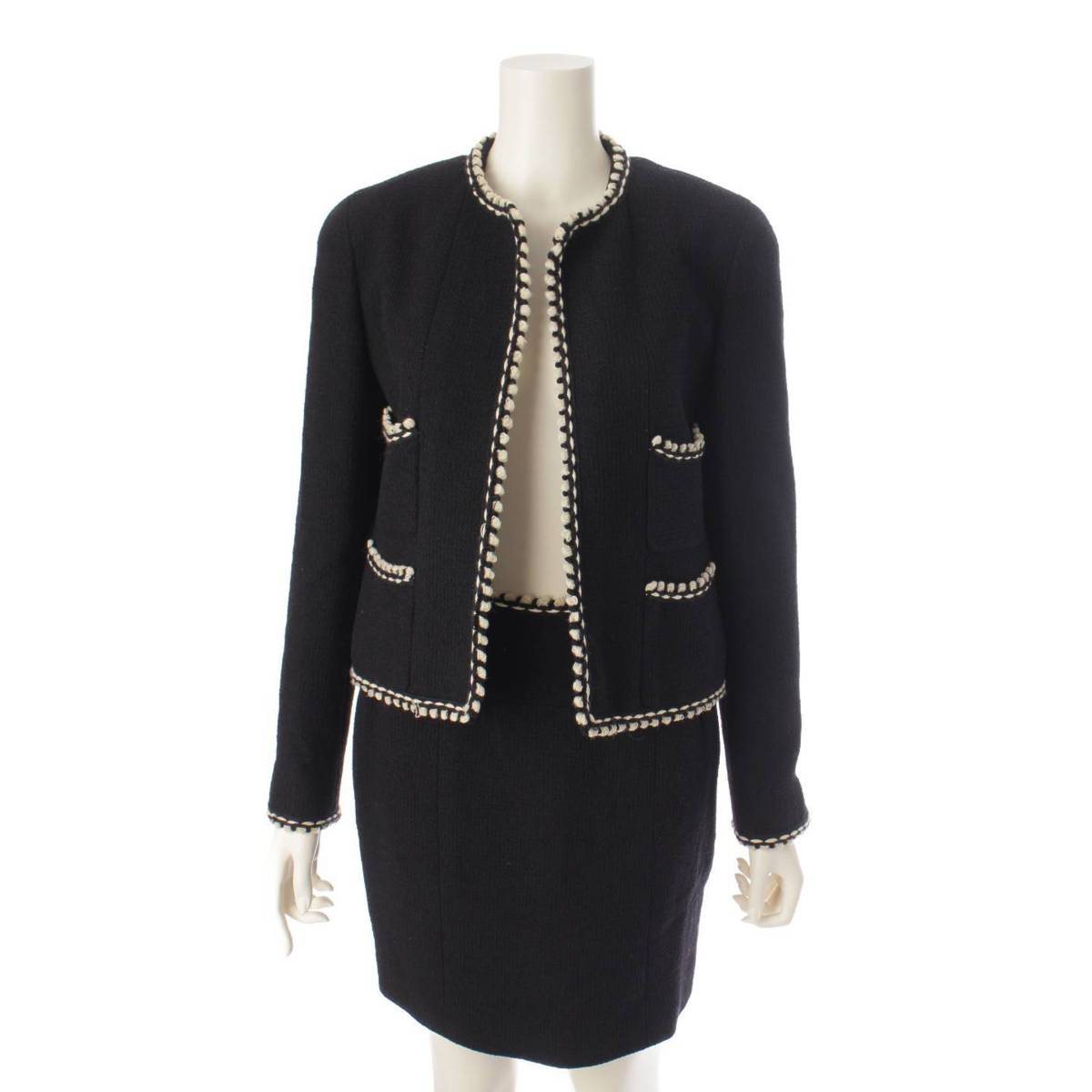 シャネル Chanel ココボタン ツイード ノーカラー ジャケット＆スカート セットアップ ブラック 38