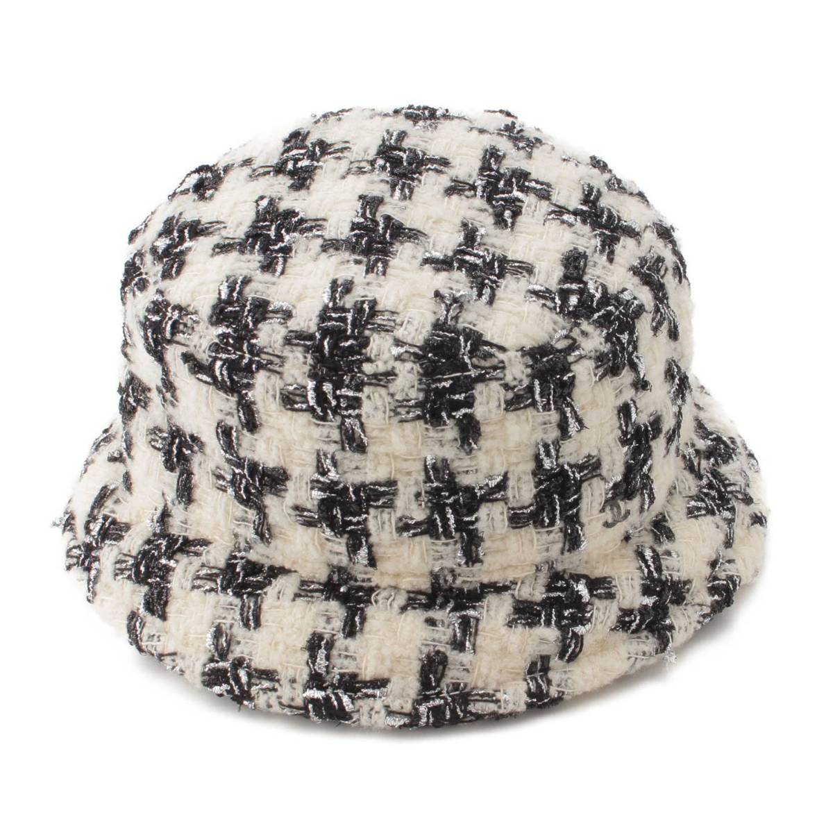 シャネル Chanel ツイード ココマーク 千鳥柄 帽子 バケットハット クローシュ ホワイト M