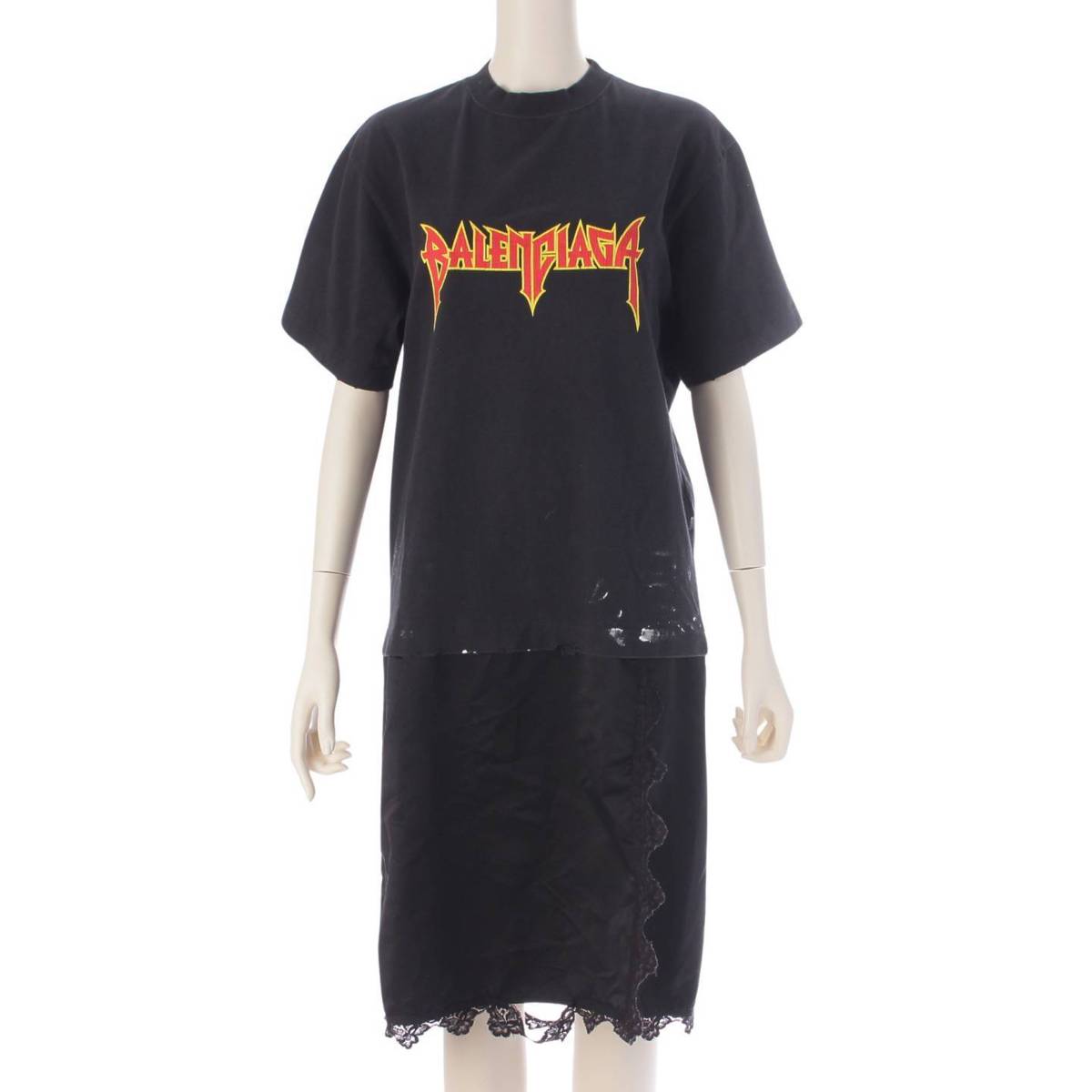 バレンシアガ Balenciaga メタルロゴ ペイント ダメージ レイヤード コットン Tシャツ ワンピース ブラック XS