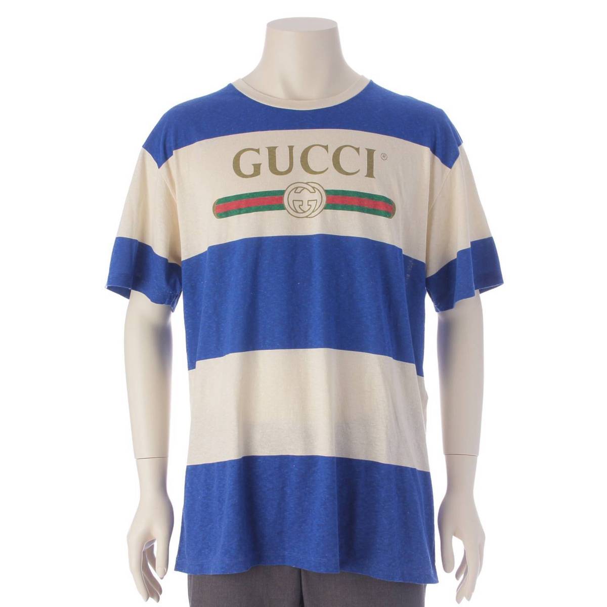 グッチ Gucci メンズ ボーダー ロゴ クルーネック コットン 半袖 Tシャツ 604176 ブルー L 中古 通販 retro レトロ